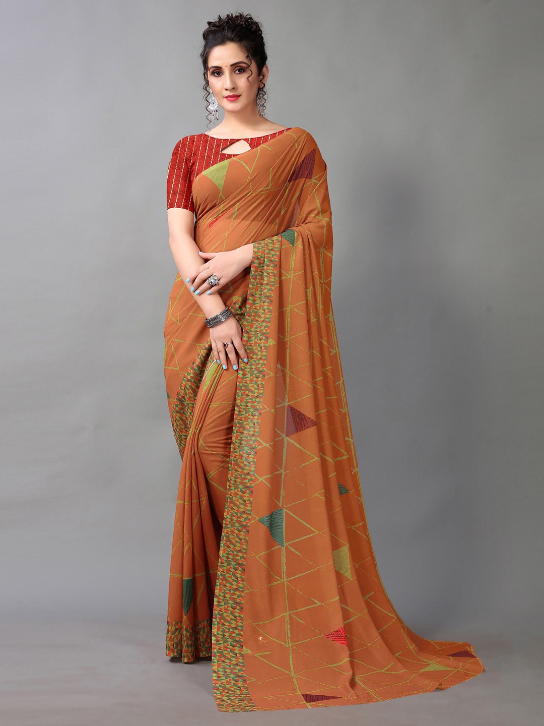 

KALINI Geometric Printed Saree, Rust