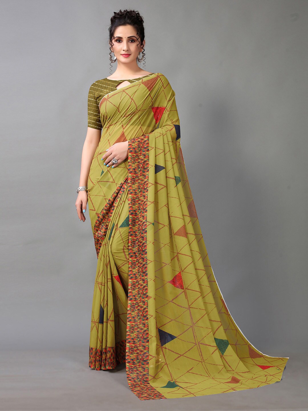 KALINI Geometric Printed Saree, Green