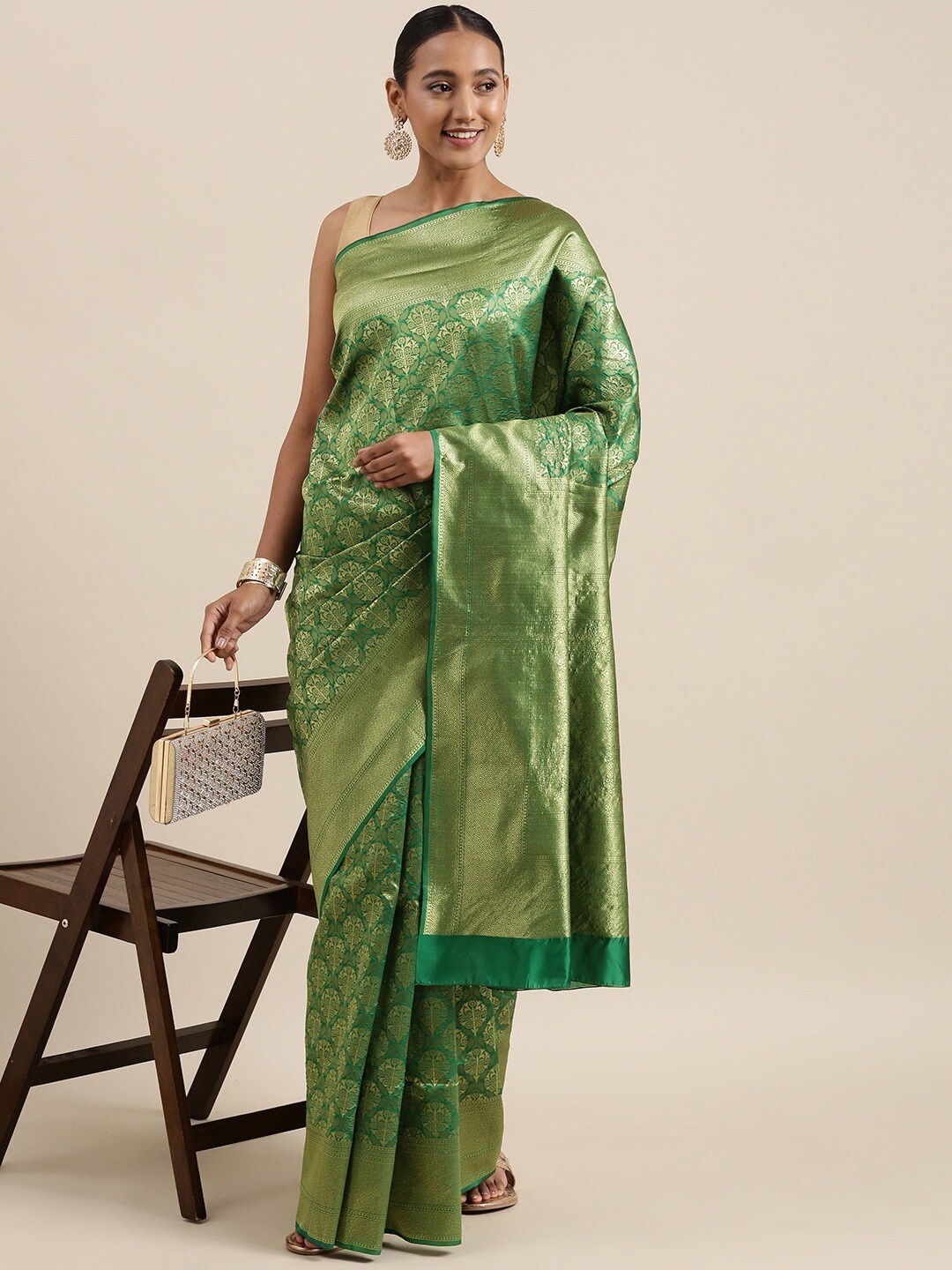 

KALINI Ethnic Motifs Woven Design Zari Saree, Green