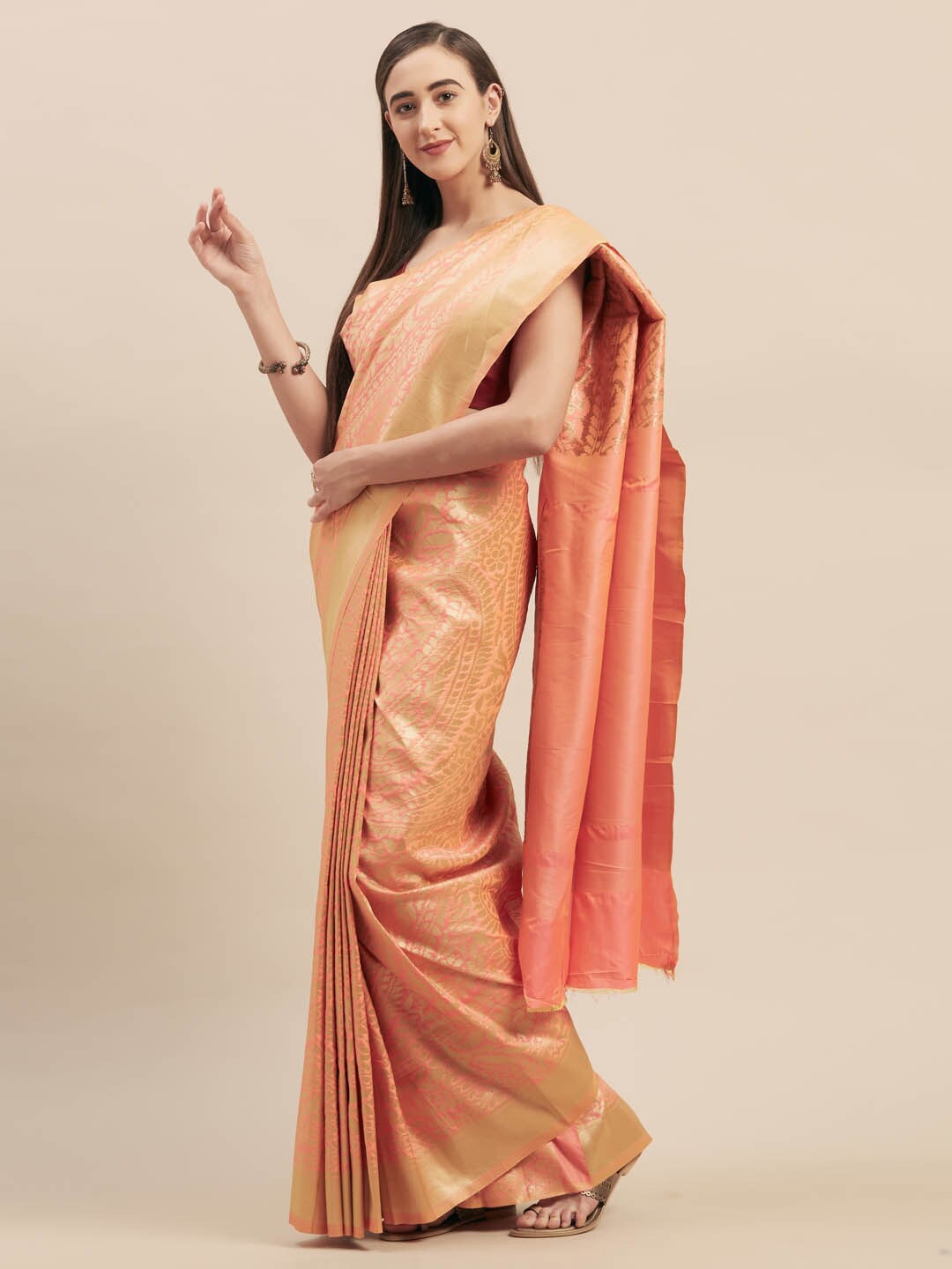 

KALINI Paisley Woven Design Zari Saree, Peach