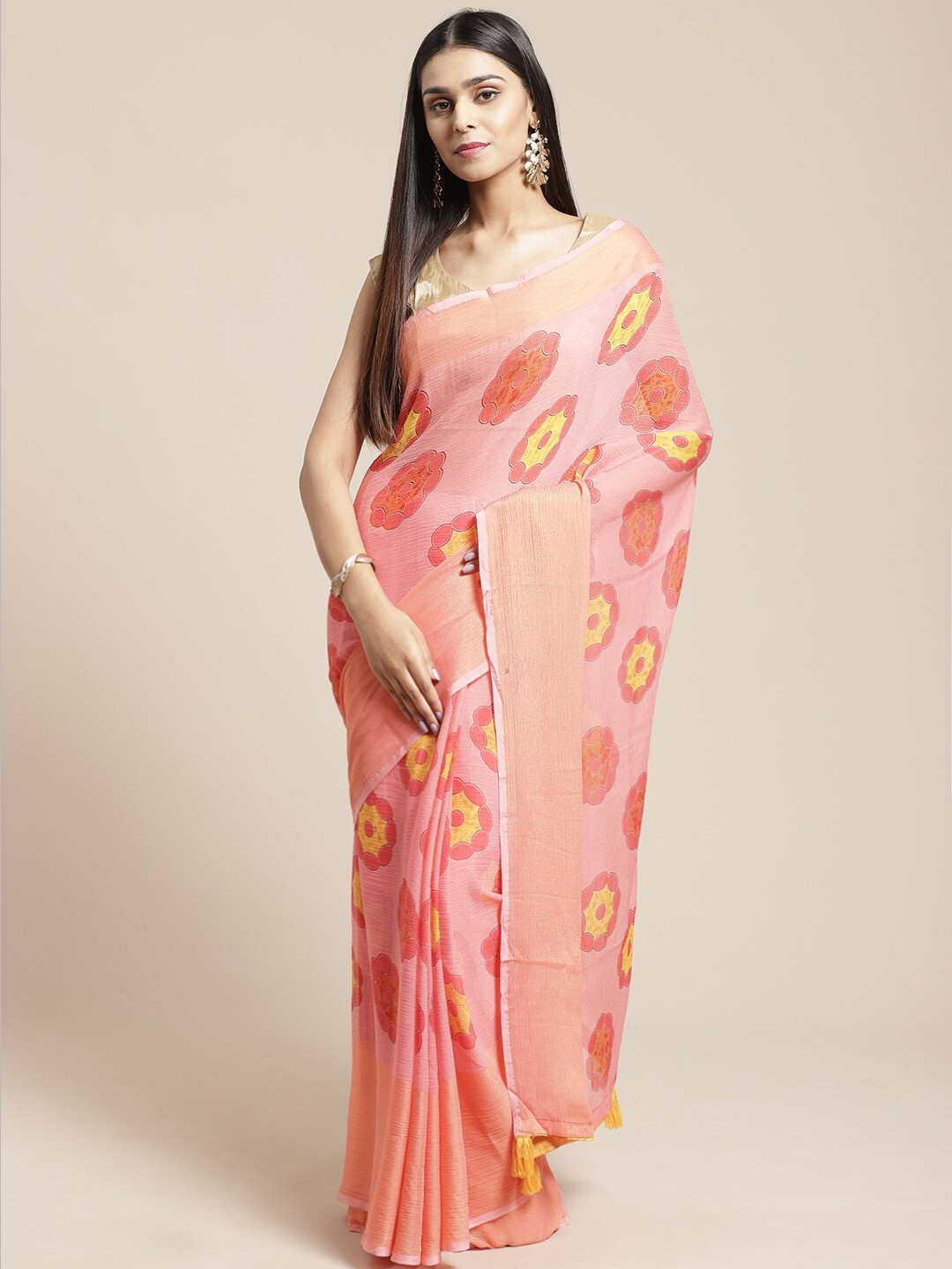 KALINI Floral Printed Zari Saree, Peach