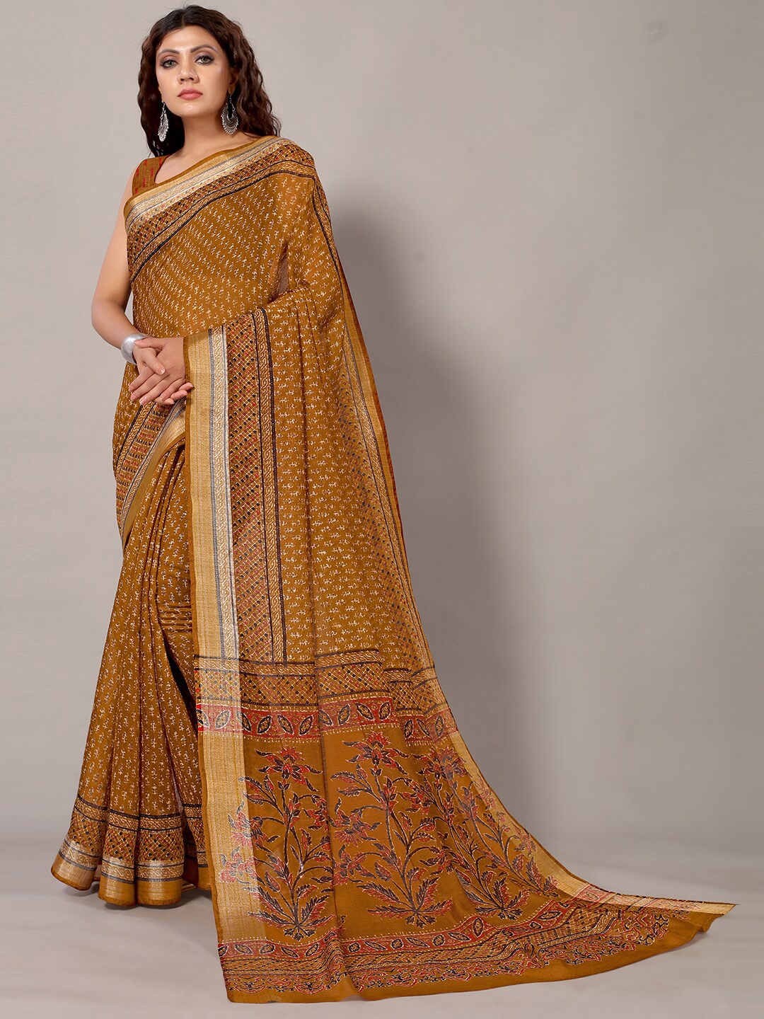 

KALINI Floral Printed Zari Art Silk Saree, Rust