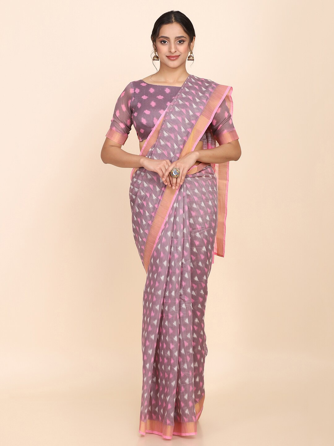 

KALINI Geometric Printed Zari Saree, Grey