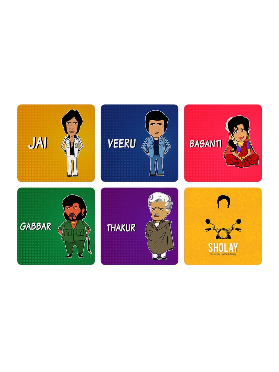 

ASHVAH Red & Blue 6 Pieces Funny Sholay Cartoon Characters Table Coasters