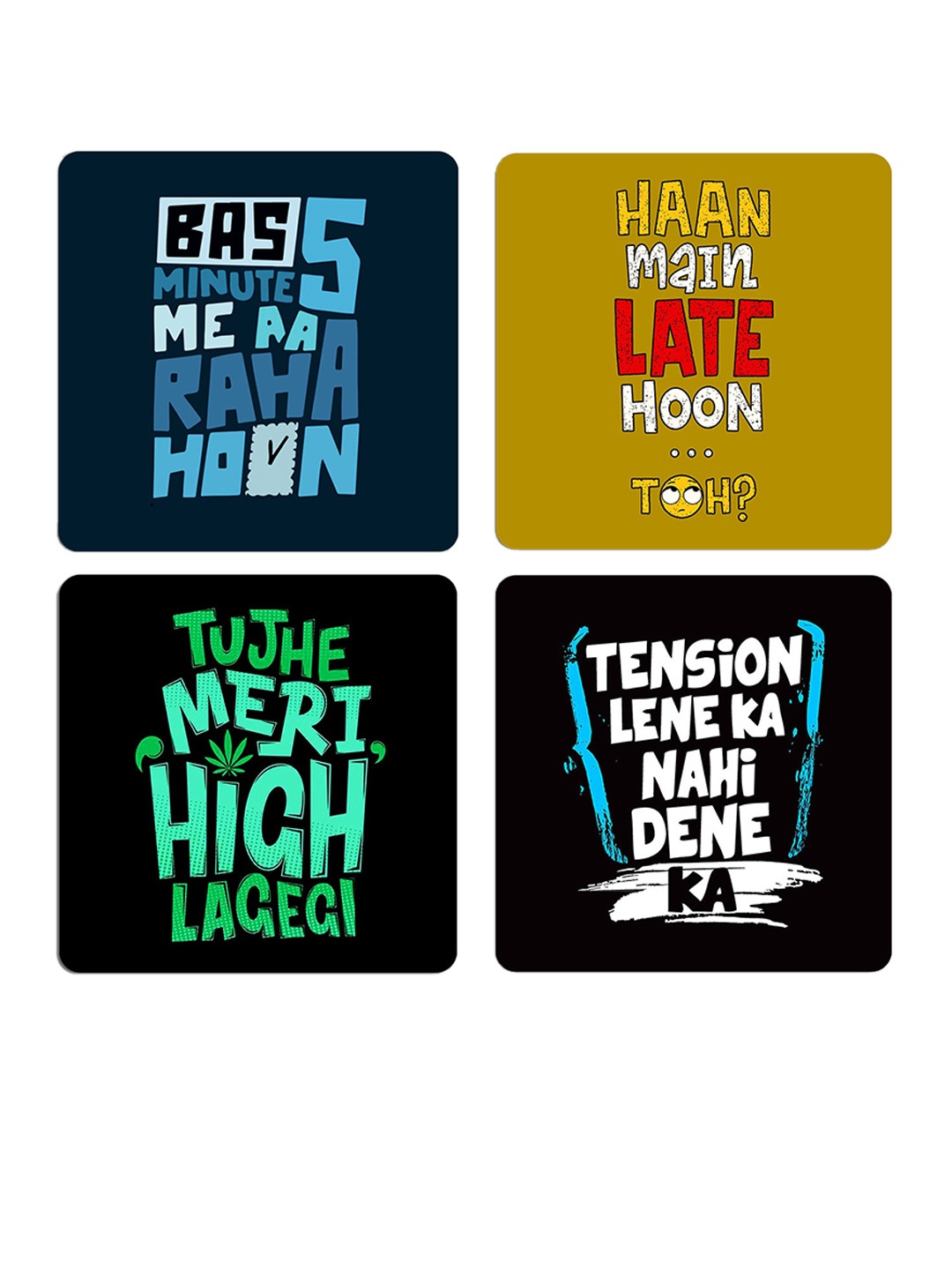 

ASHVAH Black & Blue 4 Pieces Printed Square Wooden Coasters