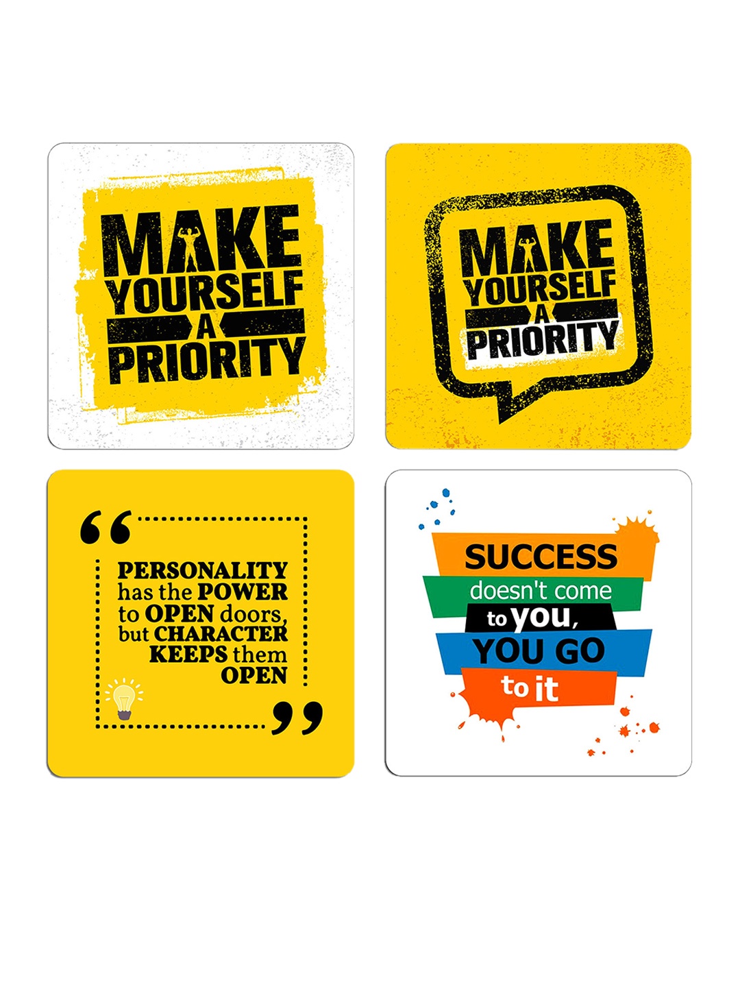 

ASHVAH Funny Coasters Yellow & White 4 Piecess Typography Printed Wooden Square Coasters