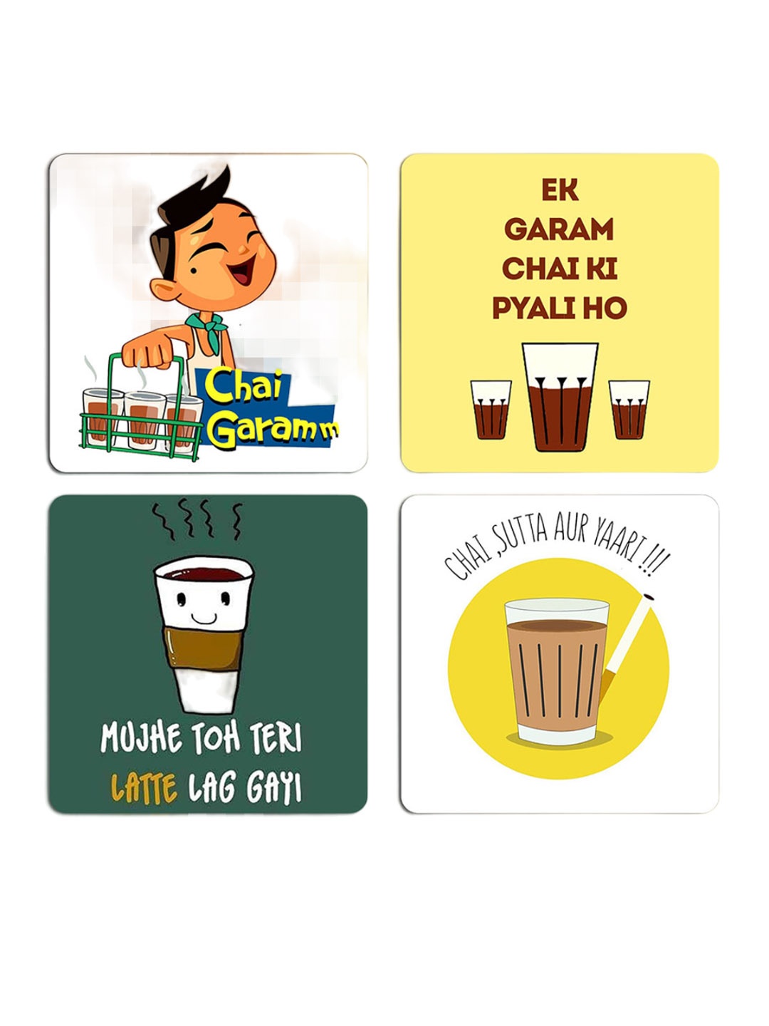 

ASHVAH Yellow & White 4 Pieces Printed Square Wooden Coasters