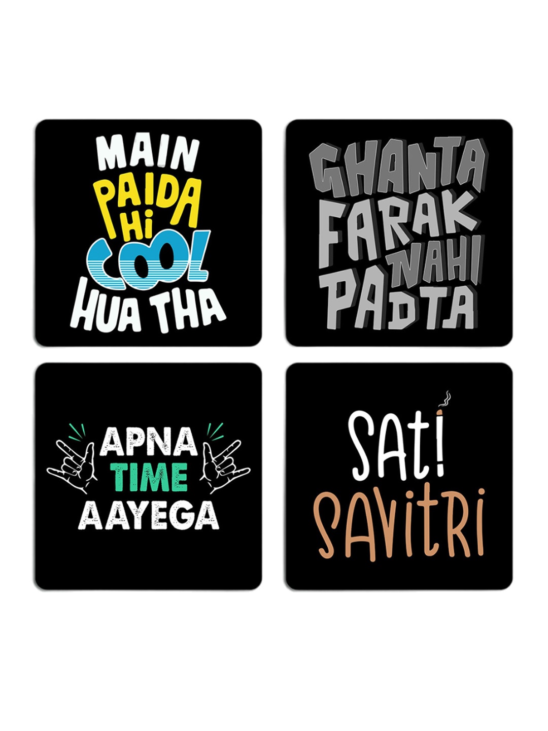 

ASHVAH Black & White 4 Pieces Printed Square Wooden Coasters