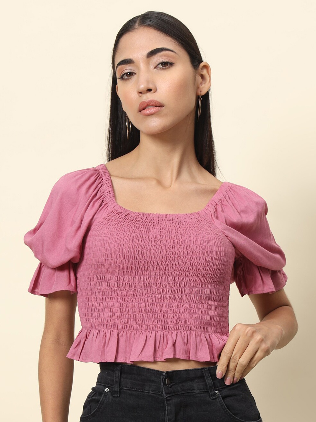 

Trend Arrest Puff Sleeves Crop Smocking Top, Pink