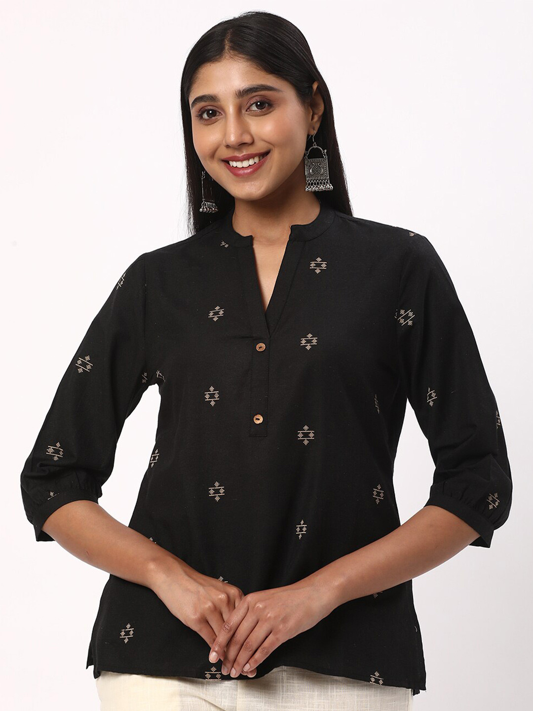 

R&B Embellished Cotton Shirt Style Top, Black