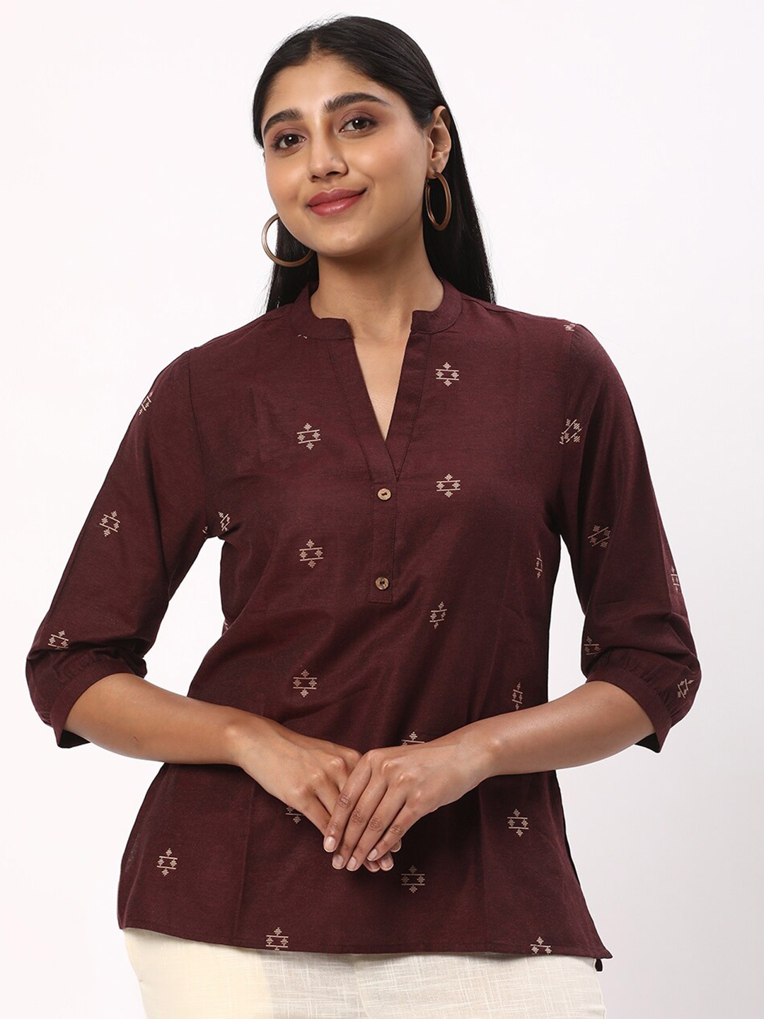 

R&B Floral Mandarin Collar Cotton Shirt Style Top, Maroon