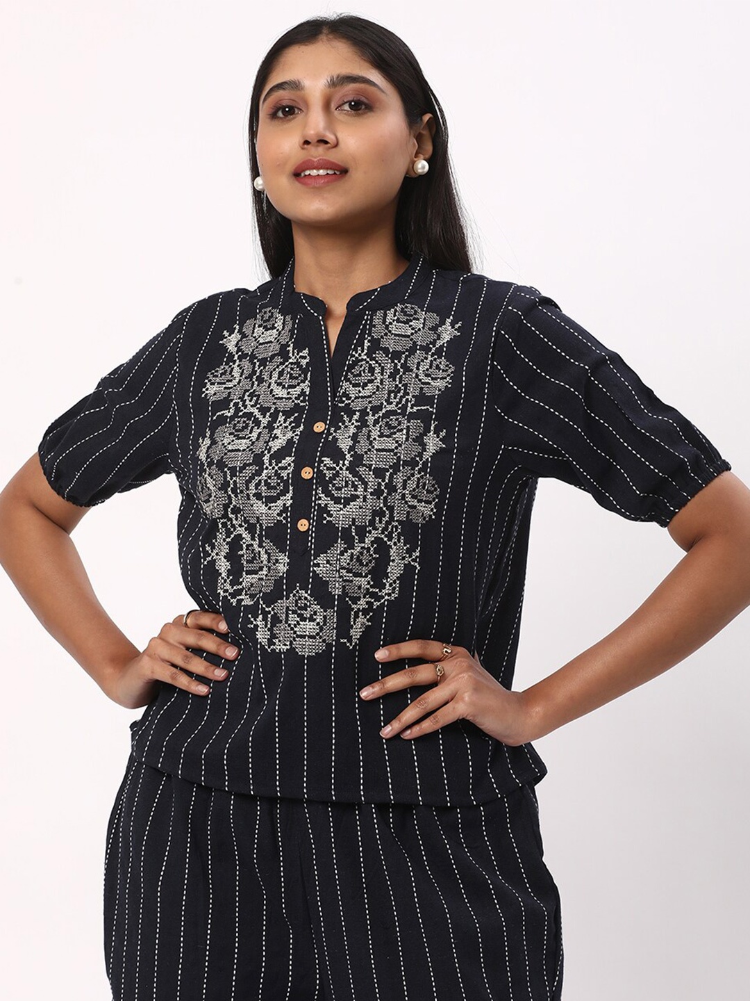 

R&B Ethnic Motifs Printed Mandarin Collar Cotton Top, Blue