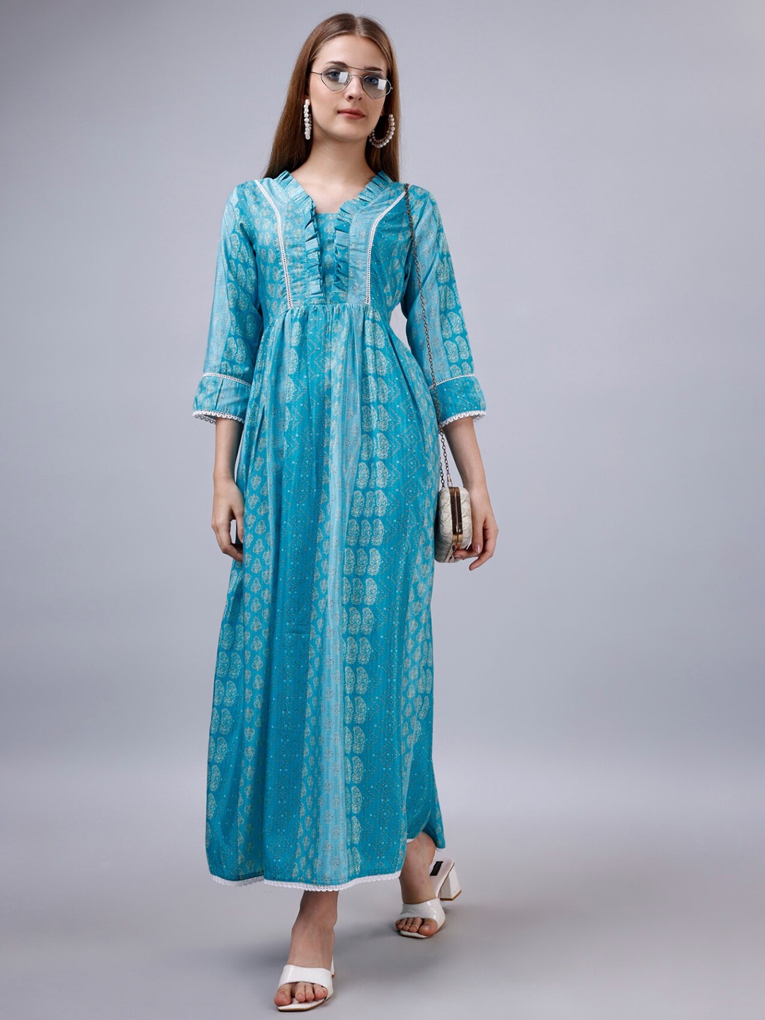 

Sanwariya Silk Floral Printed V-Neck Three-Quarter Sleeves Flared Maxi Cotton Dress, Blue