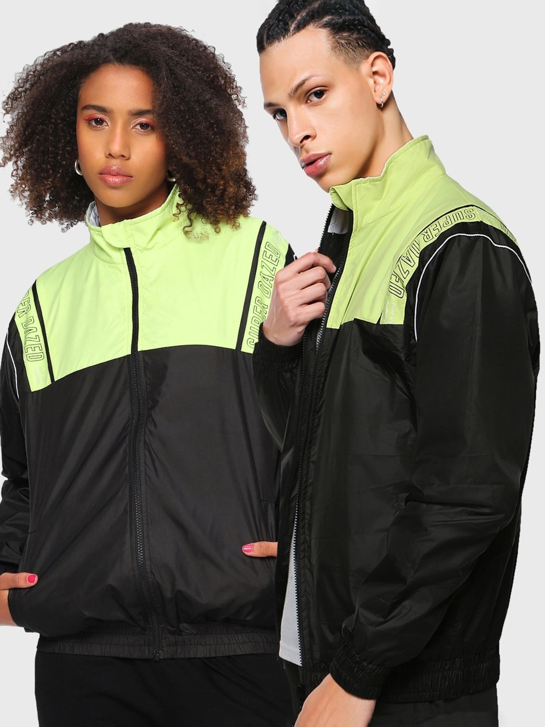 

Bewakoof Unisex Black Colourblocked Windcheater Mock Collar Long Sleeves Bomber Jacket