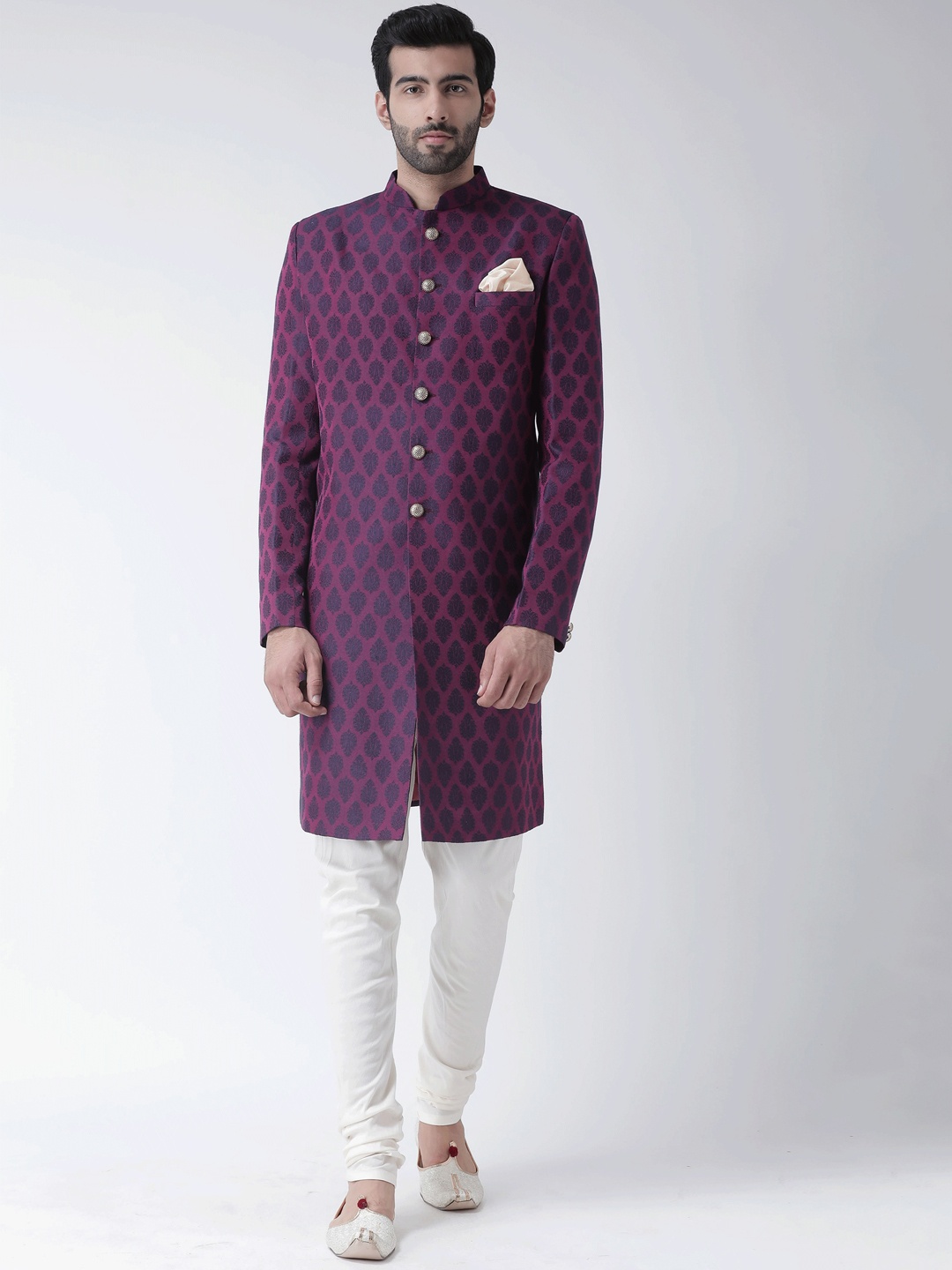 

KISAH Men Ethnic Motifs Self Design Indowestern Sherwani Set, Purple