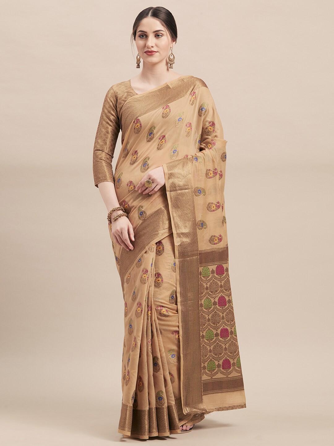 

KALINI Paisley Woven Design Zari Saree, Beige