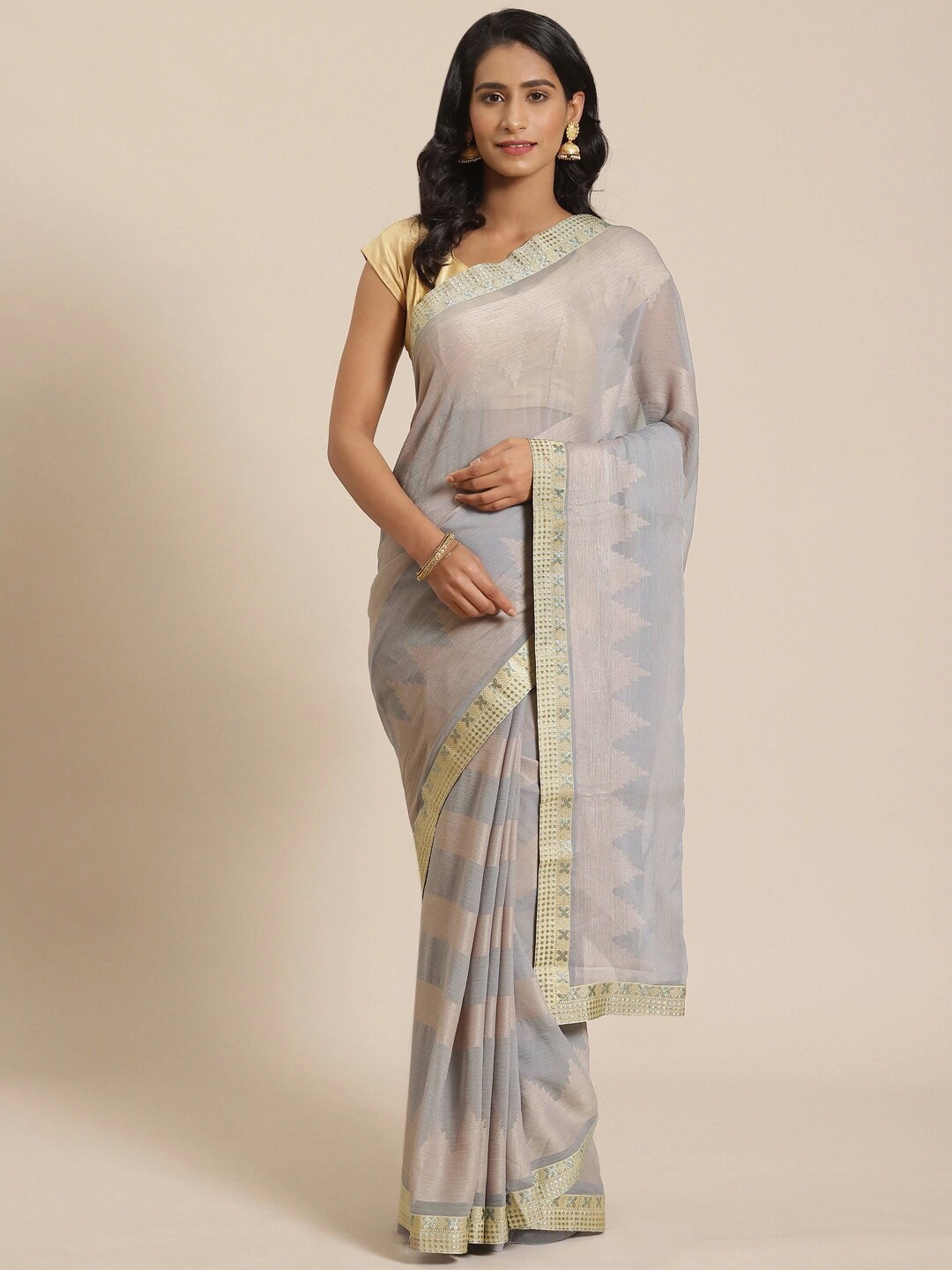 

KALINI Geometric Woven Design Brasso Saree, Grey