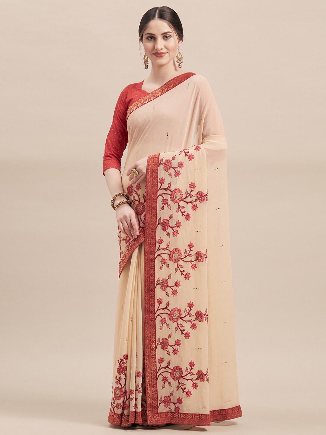 KALINI Floral Embroidered Zari Saree, Beige