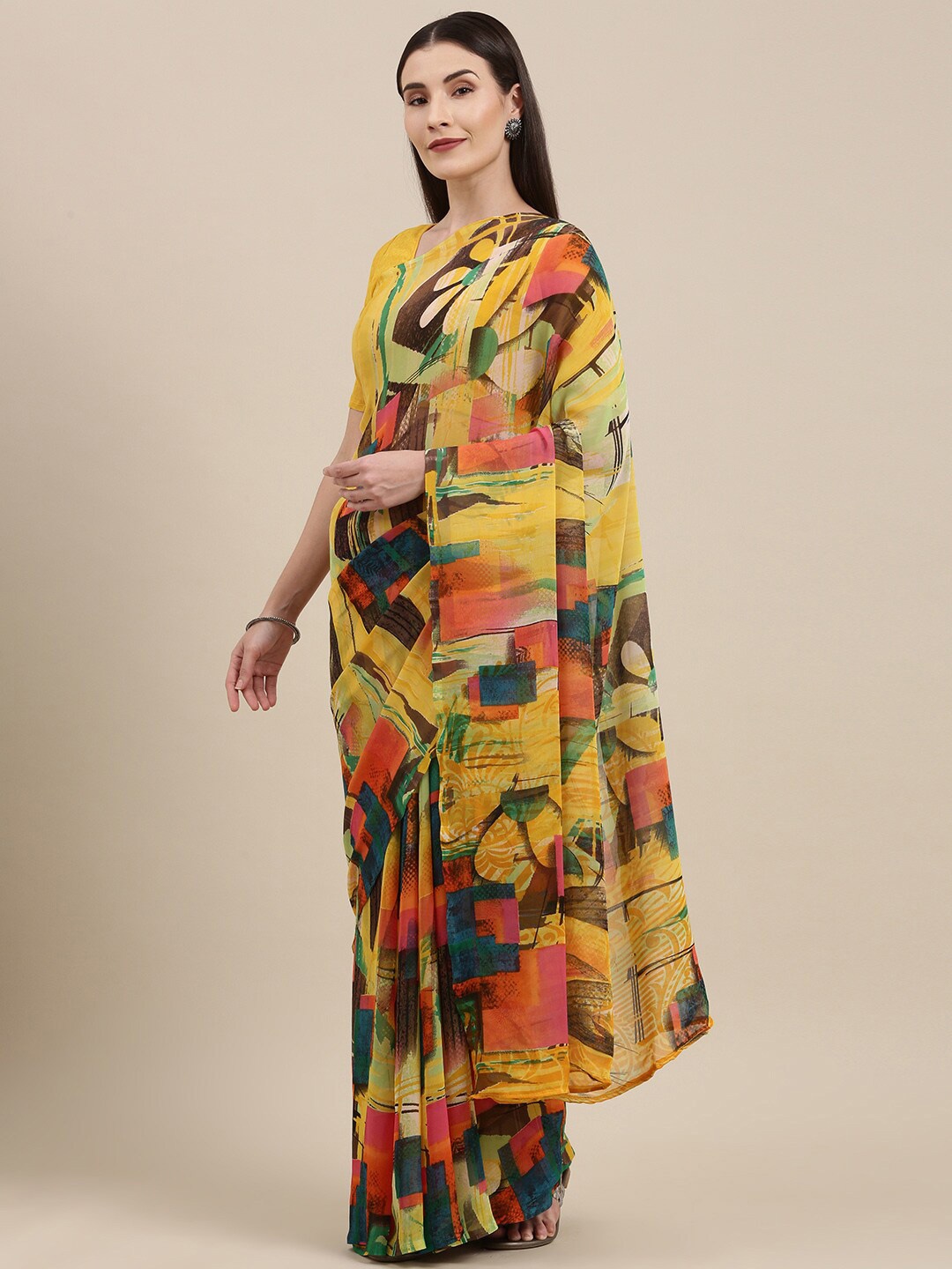 

KALINI Geometric Printed Saree, Yellow