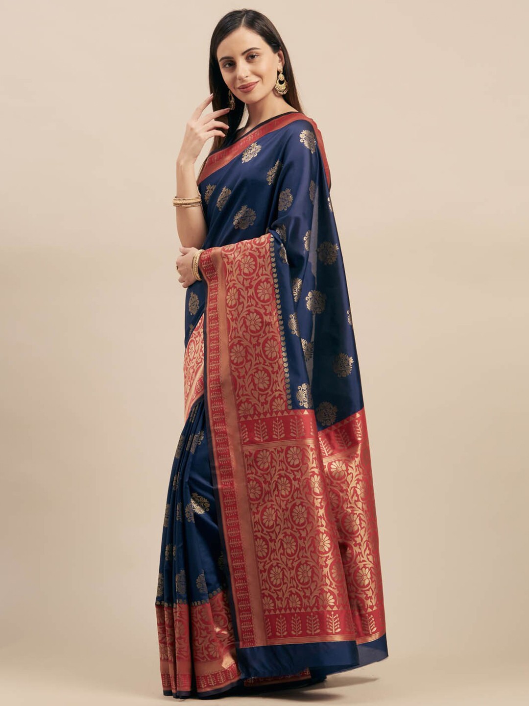 

KALINI Ethnic Motifs Woven Design Zari Saree, Navy blue