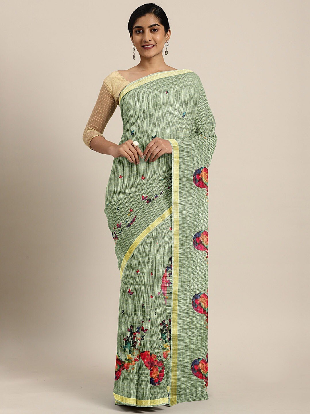 

KALINI Checked Zari Saree, Green