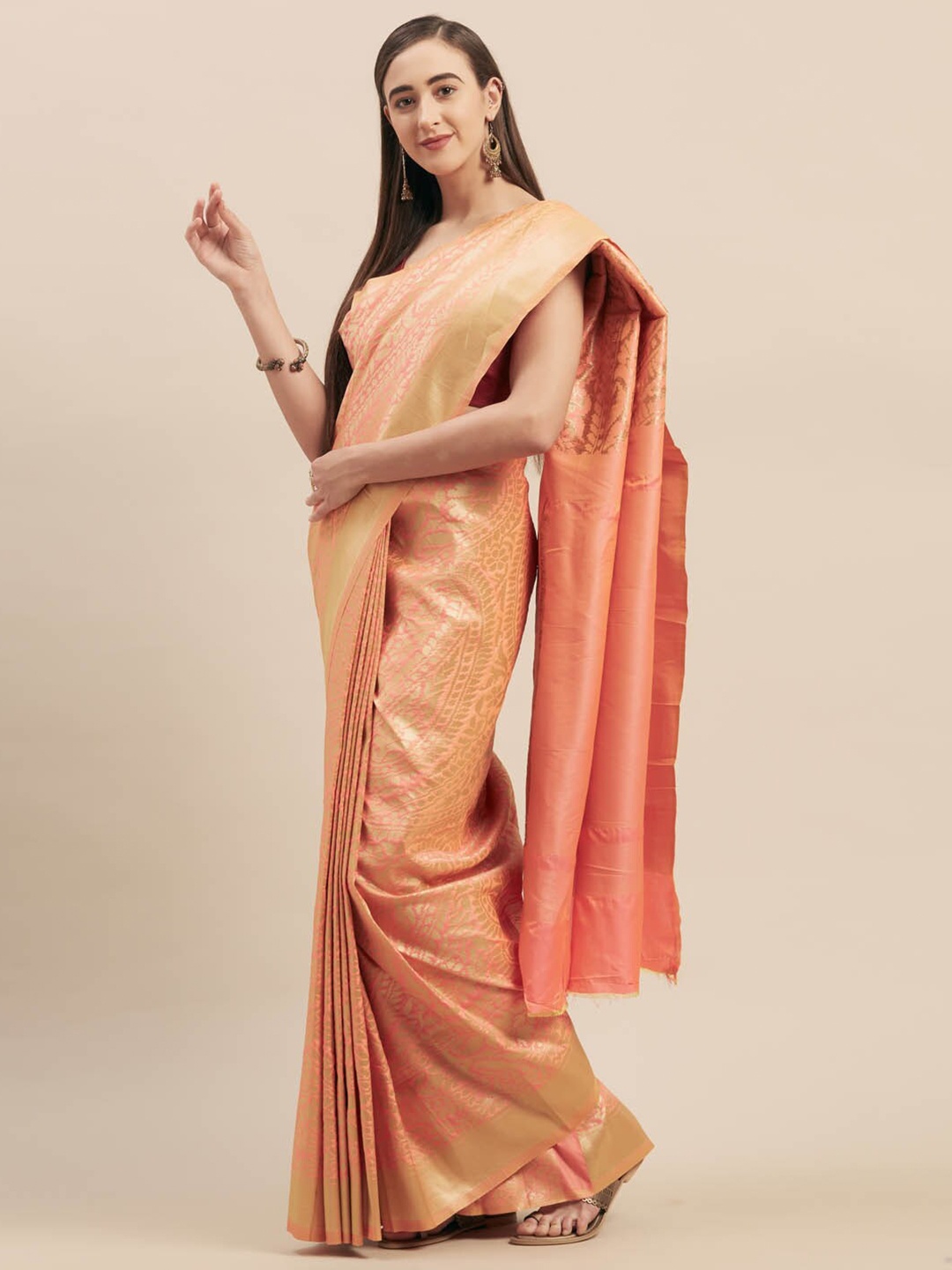 

KALINI Ethnic Motifs Woven Design Zari Saree, Peach