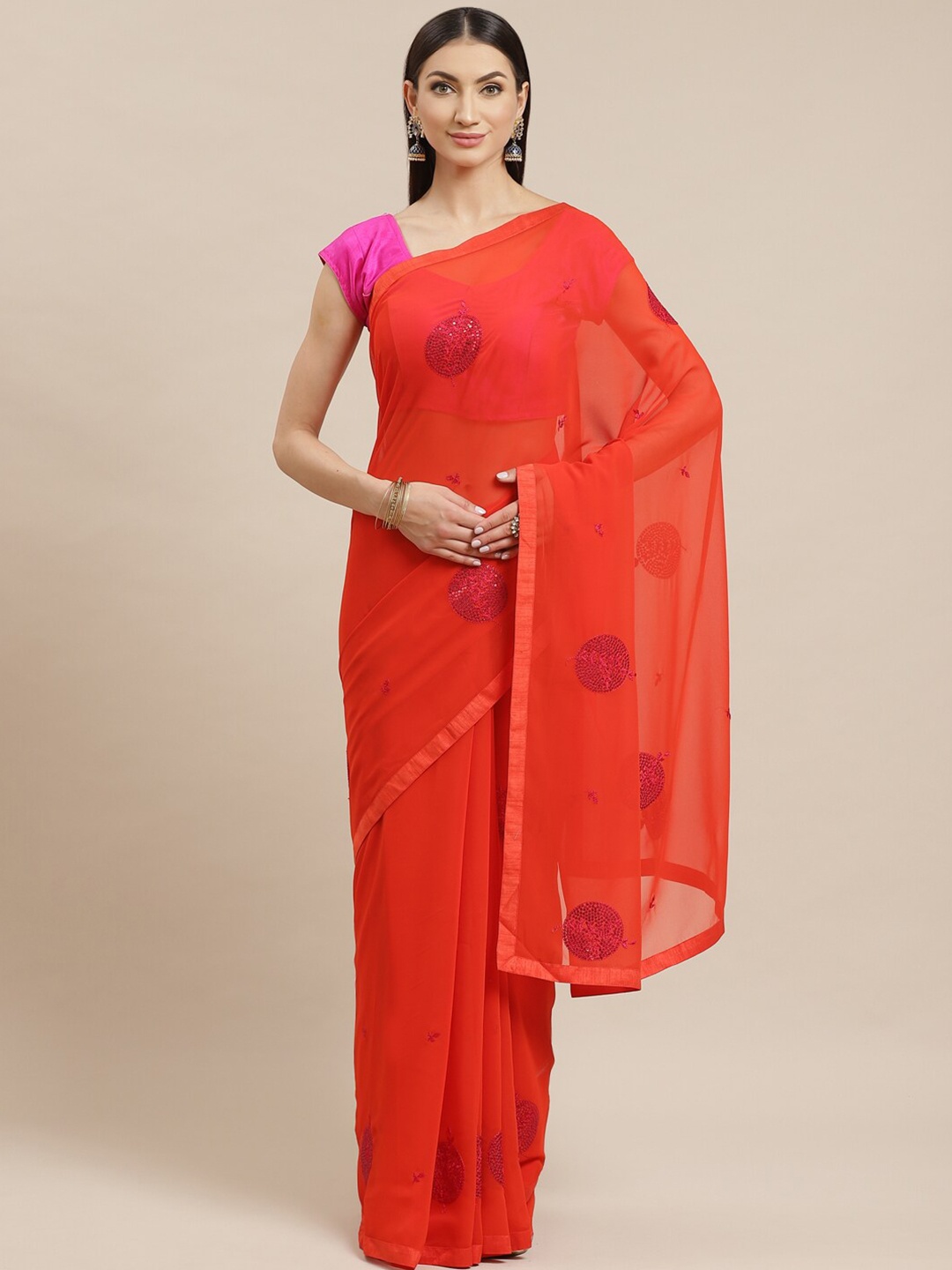 KALINI Ethnic Motifs Embroidered Sequined Saree, Red