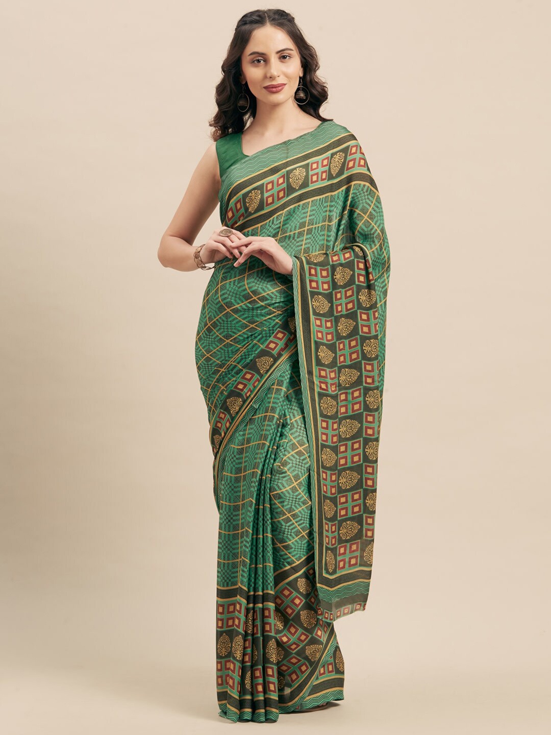 KALINI Geometric Printed Saree, Green