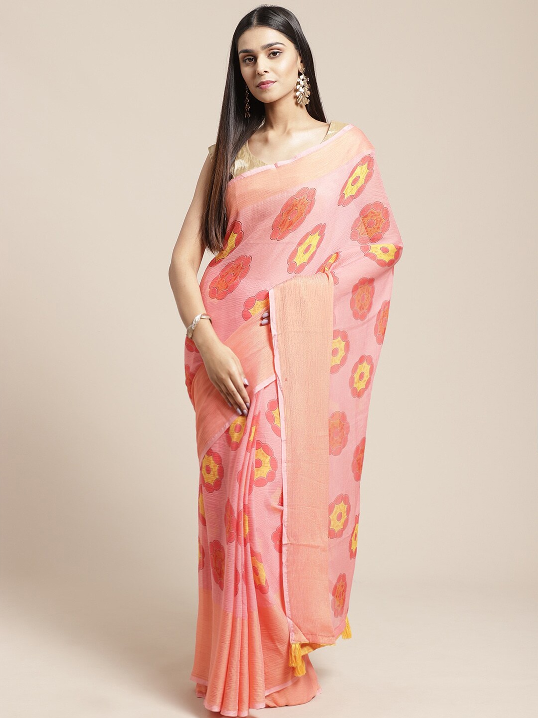 

KALINI Floral Printed Zari Saree, Peach