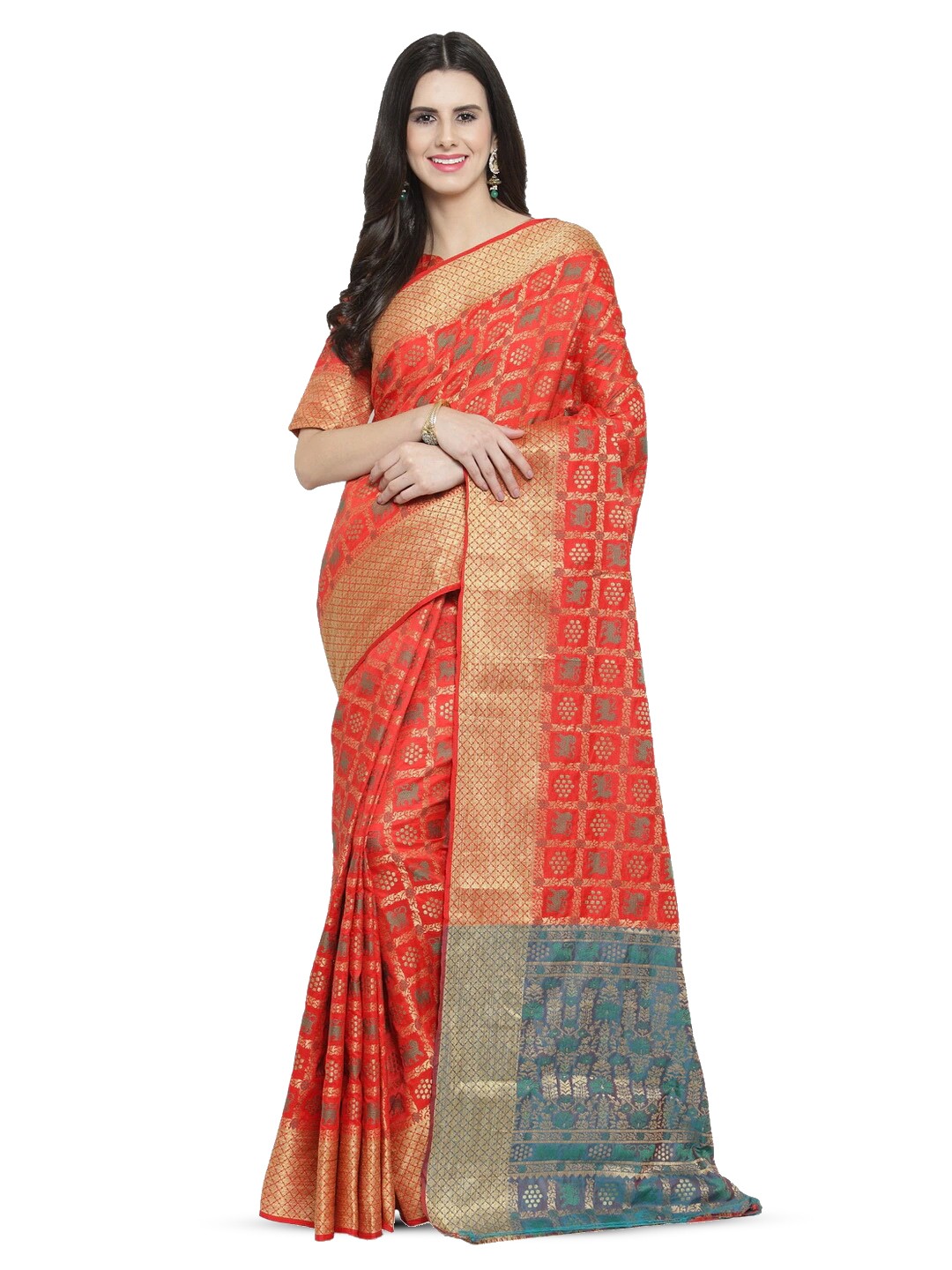 

KALINI Ethnic Woven Design Zari Saree, Orange
