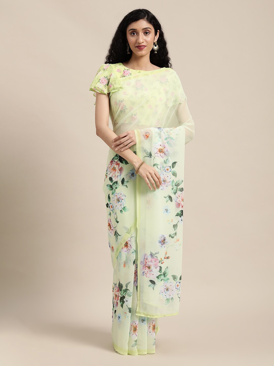 KALINI Floral Printed Beads & Stones Saree, Green