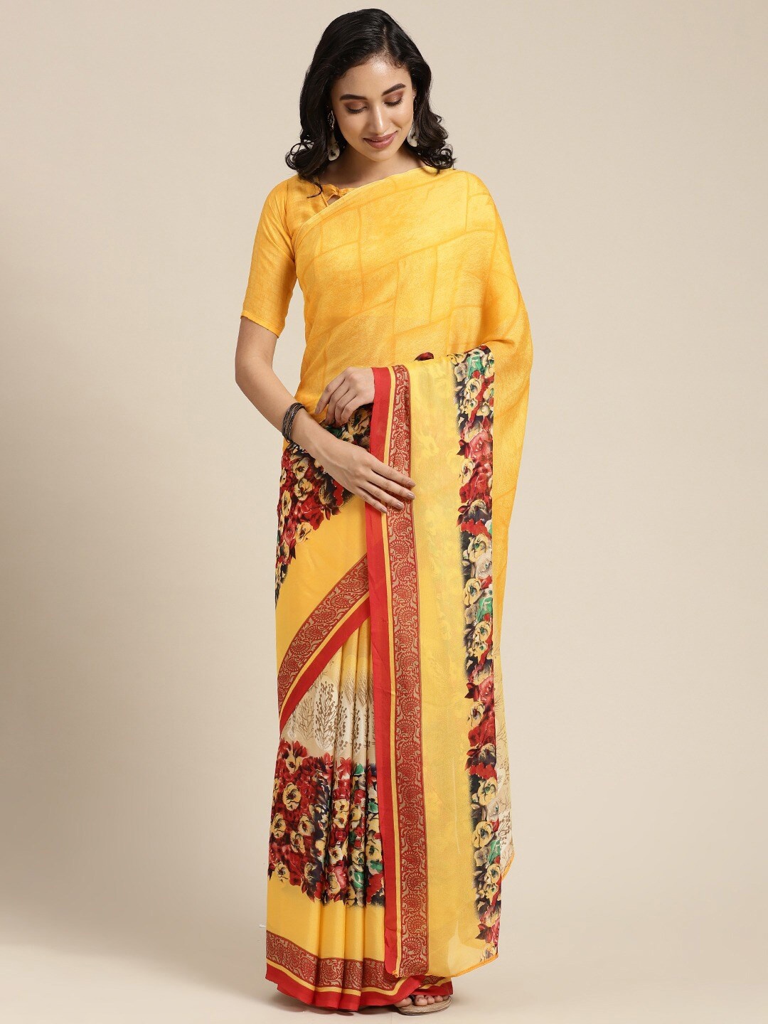 KALINI Floral Printed Saree, Yellow