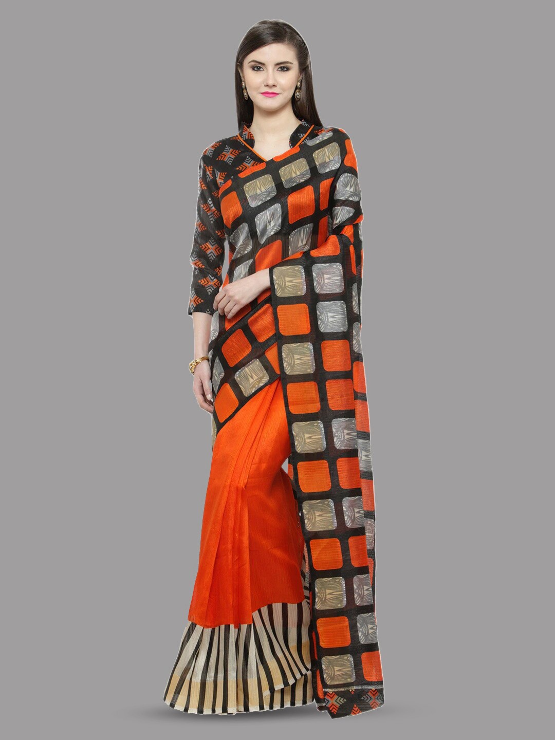 

KALINI Geometric Printed Saree, Orange