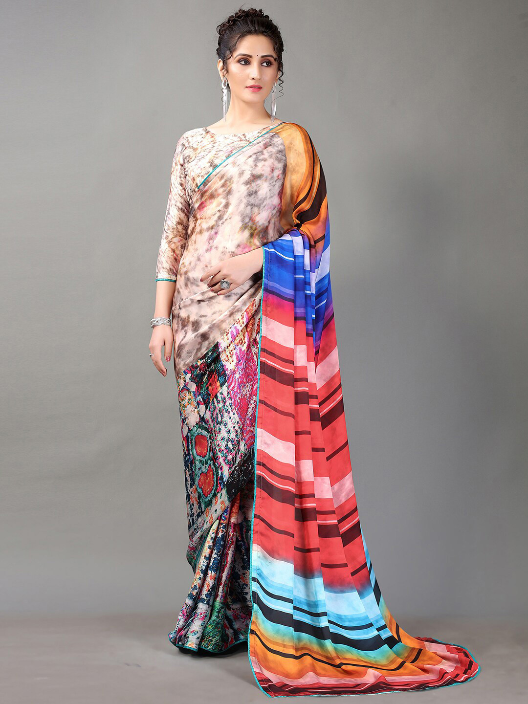 

KALINI Abstract Printed Satin Saree, Beige