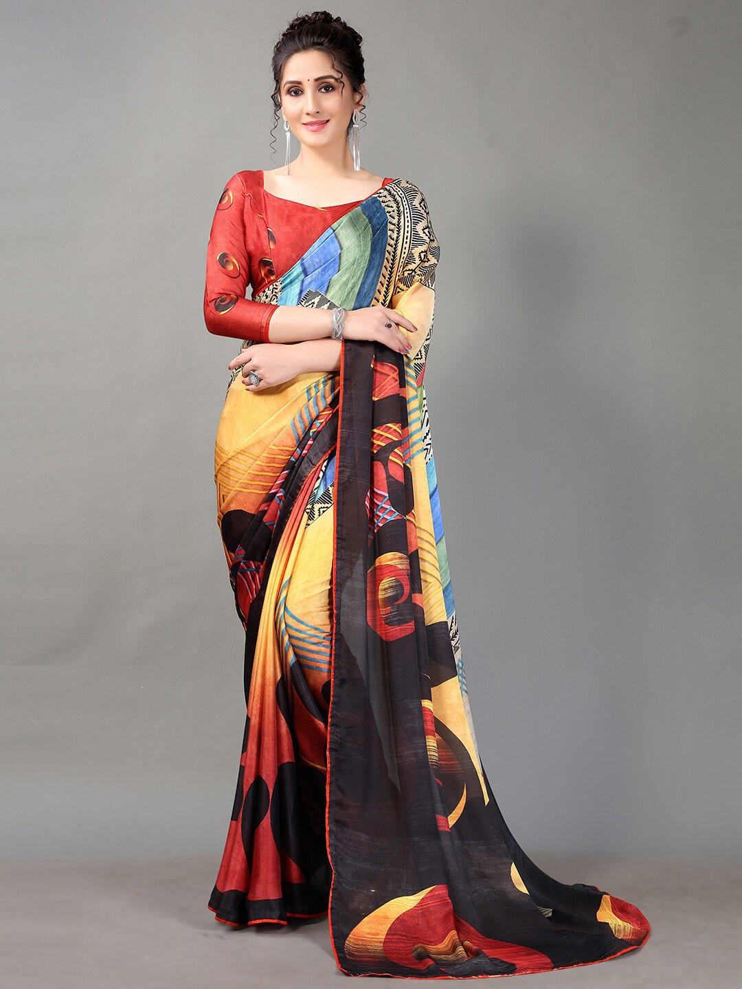 

KALINI Abstract Printed Satin Saree, Black