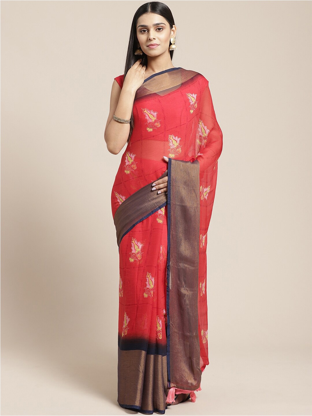 

KALINI Floral Printed Zari Saree, Red