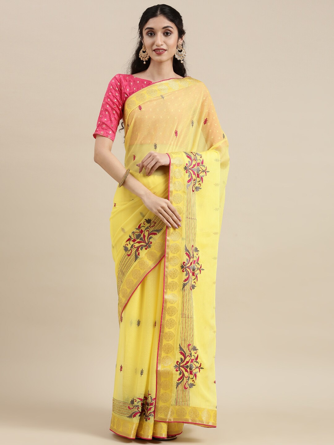 KALINI Floral Embroidered Saree, Yellow