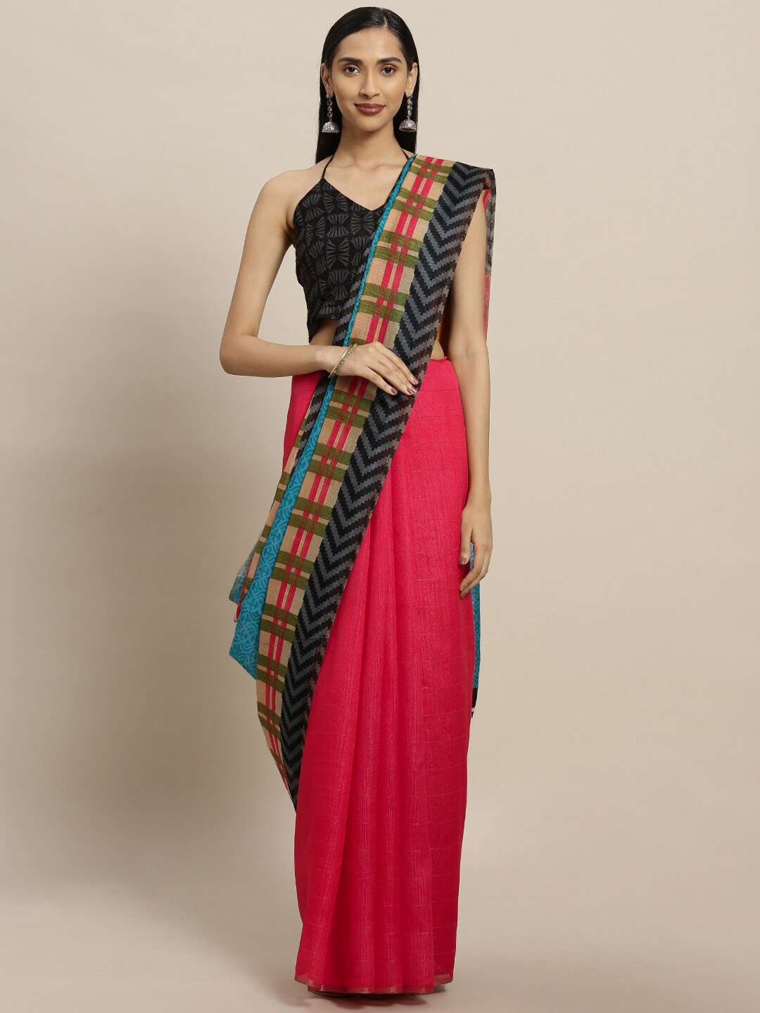 

KALINI Geometric Printed Art Silk Saree, Red