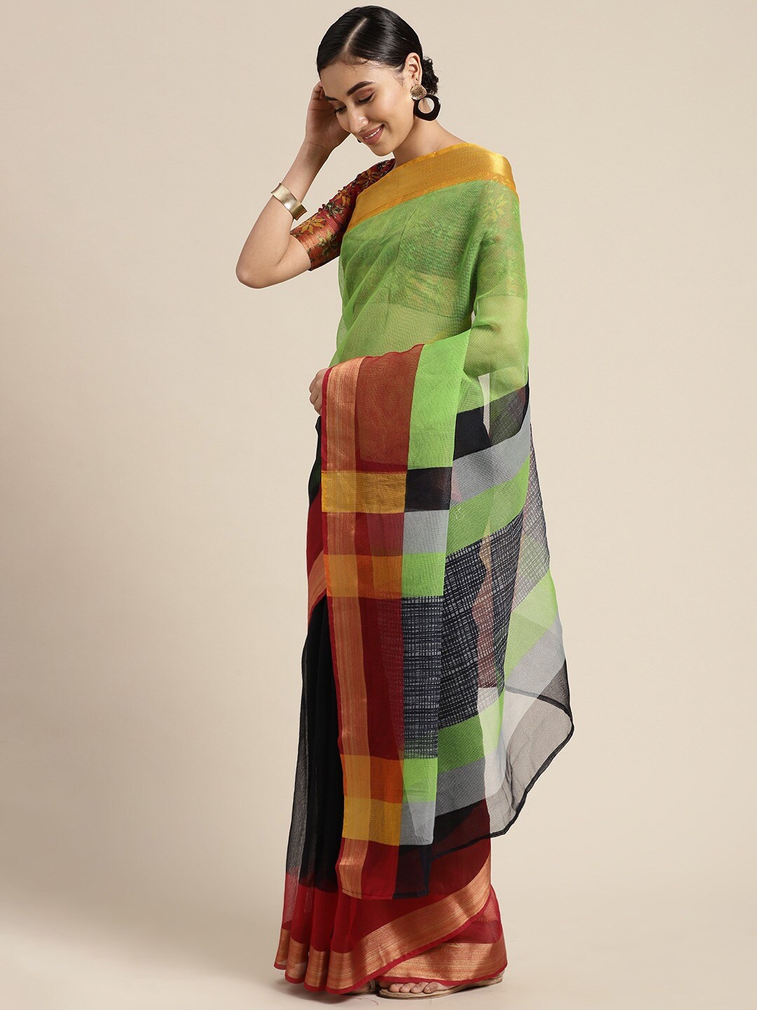 

KALINI Colourblocked Zari Art Silk Saree, Black
