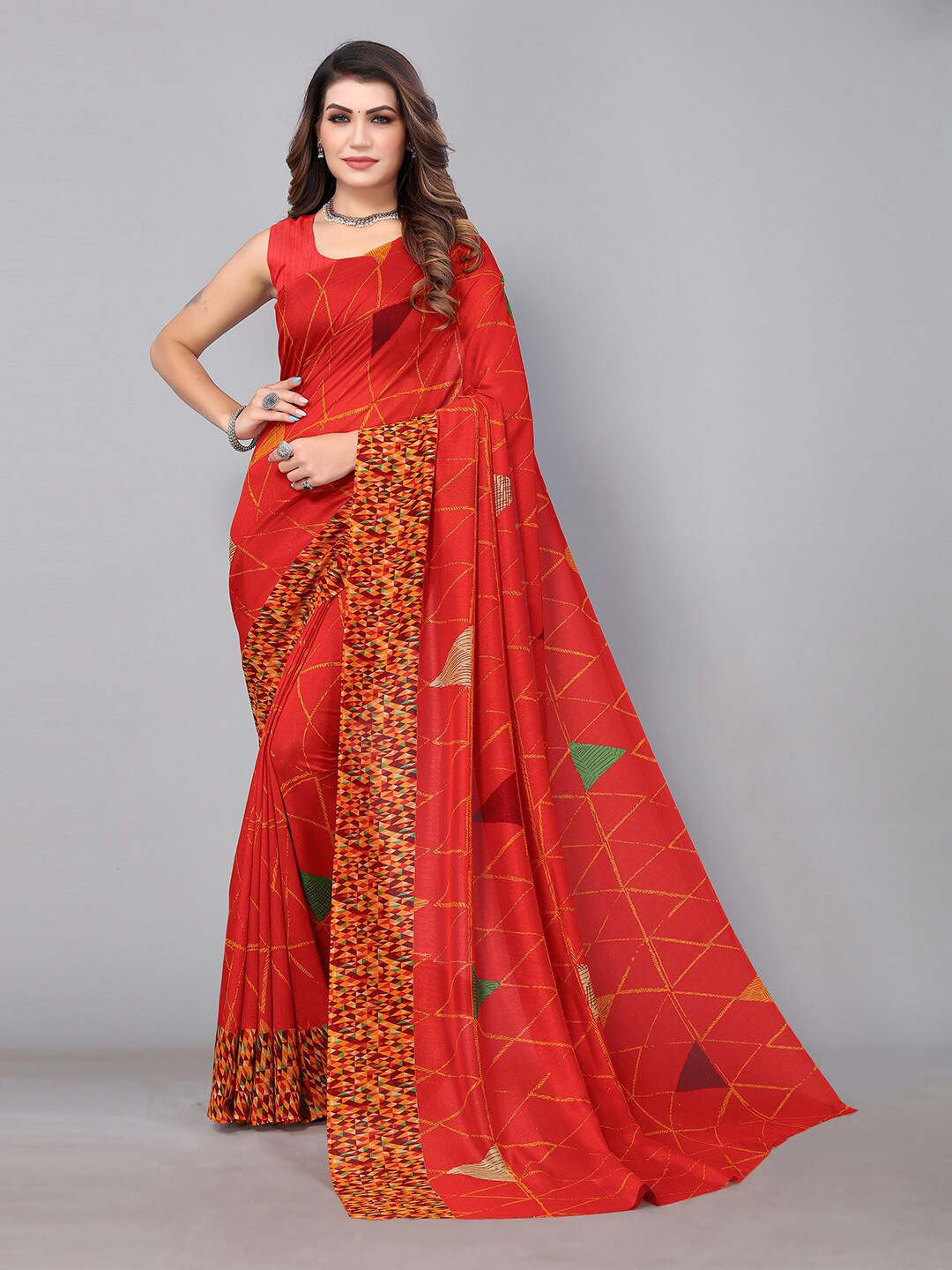 

KALINI Geometric Printed Saree, Red