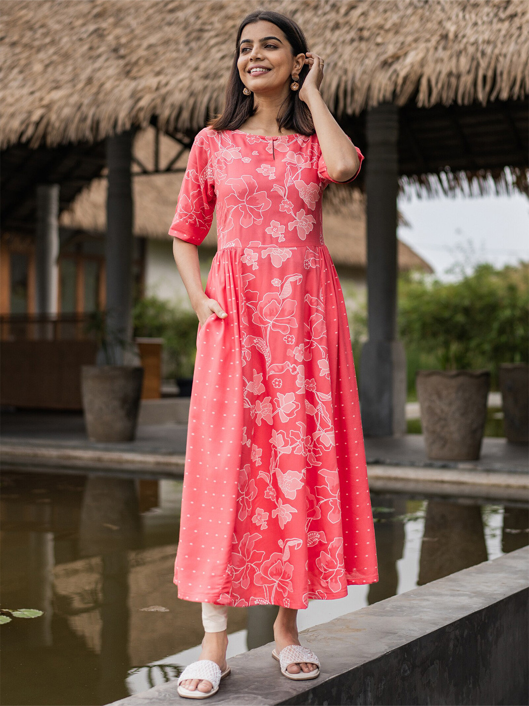 

HAY Floral Printed Liva A-Line Midi Dress, Coral