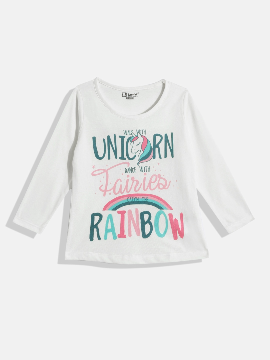 Eteenz Girls Typography Printed Pure Cotton T-shirt, White