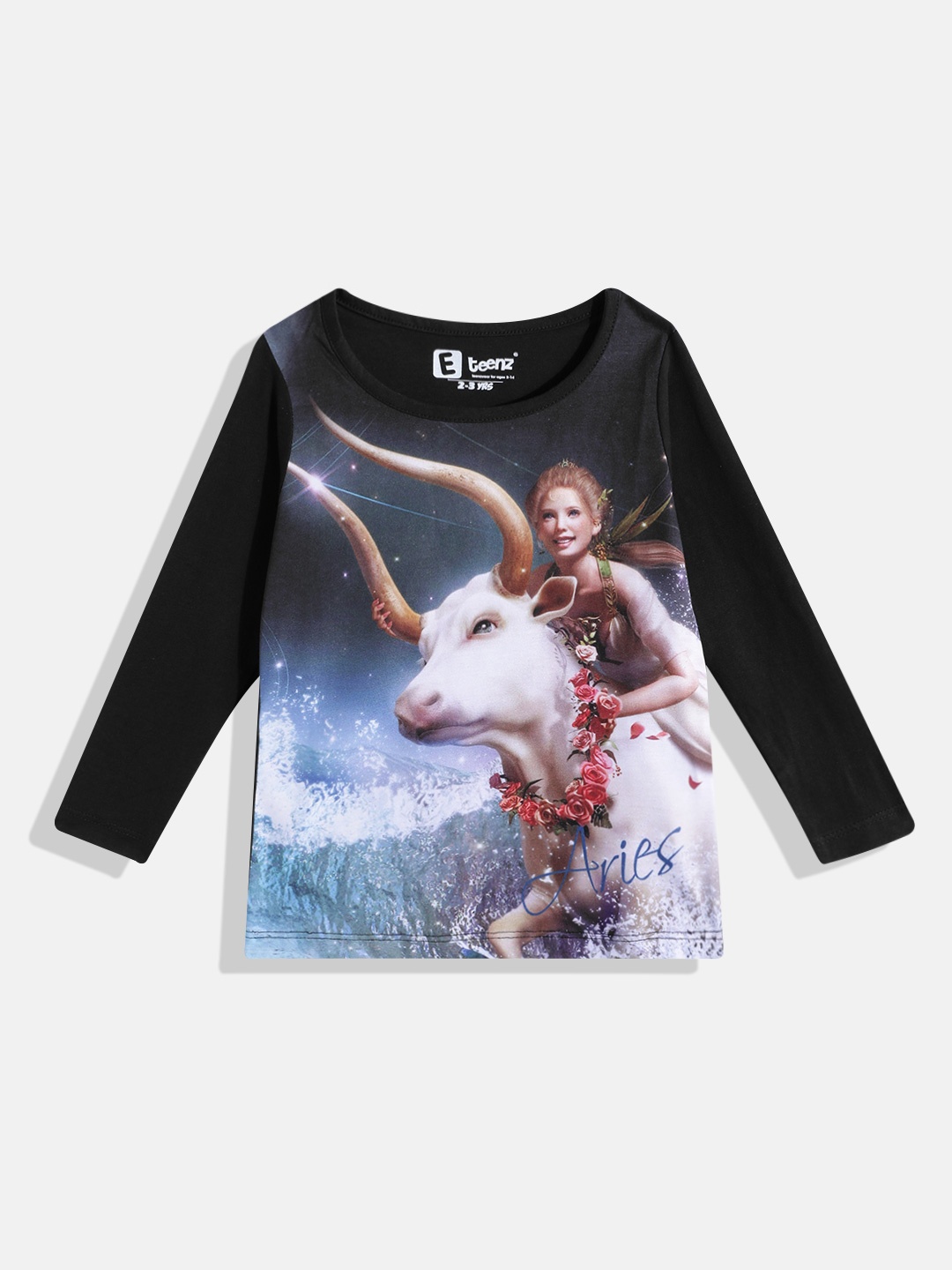 

Eteenz Girls Pure Cotton Printed Tshirt, Black