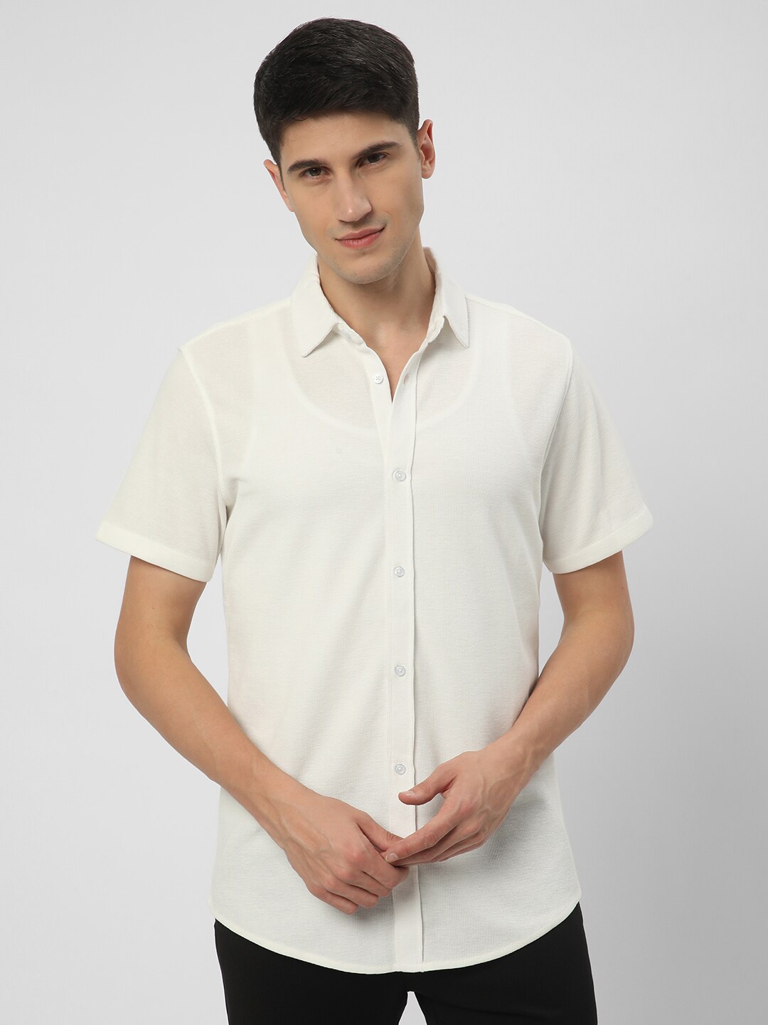 

R&B Textured Short Sleeves Cotton Casual Shirt, White