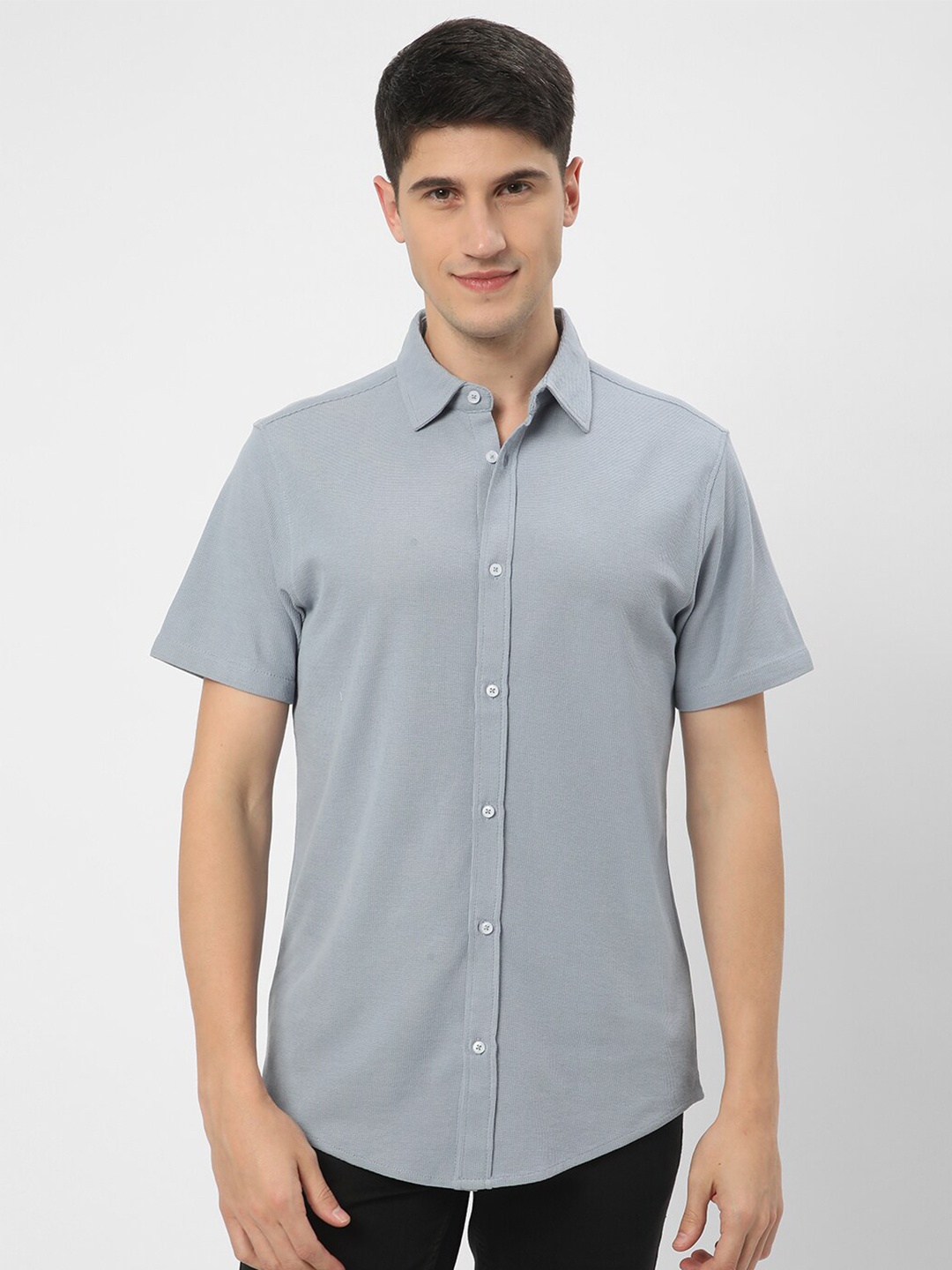 

R&B Textured Short Sleeves Cotton Casual Shirt, Blue