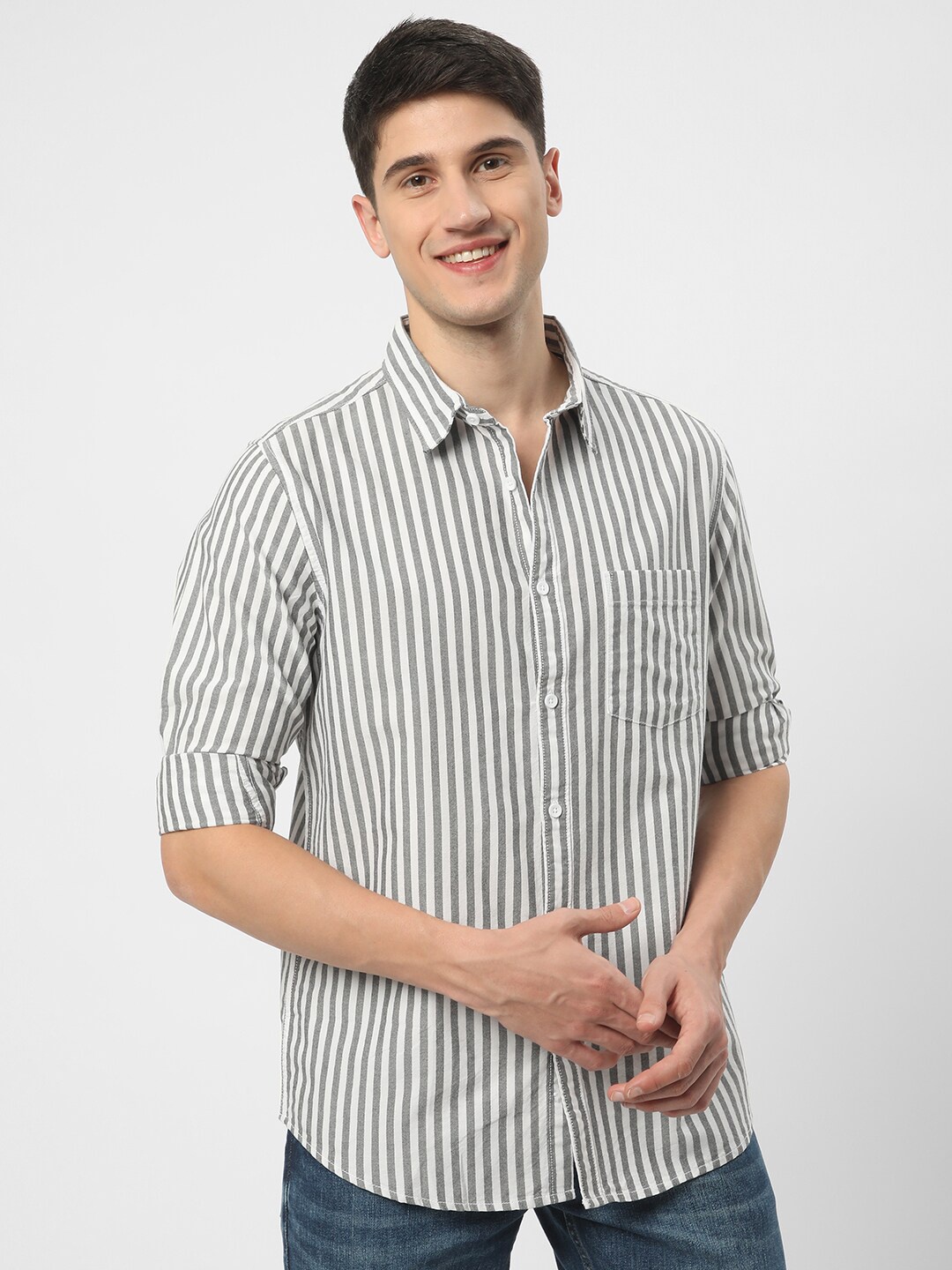 

R&B Vertical Stripes Long Sleeves Cotton Casual Shirt, White