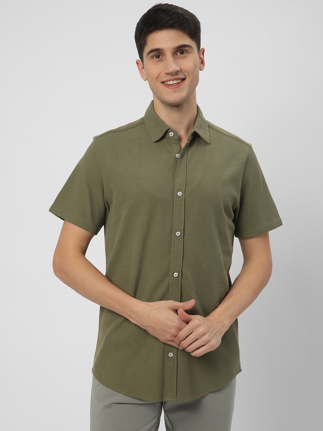 

R&B Textured Short Sleeves Cotton Casual Shirt, Green