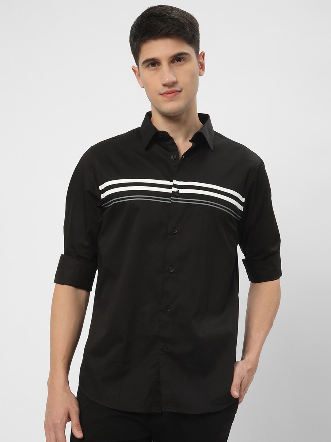 

R&B Spread Collar Cotton Casual Shirt, Black