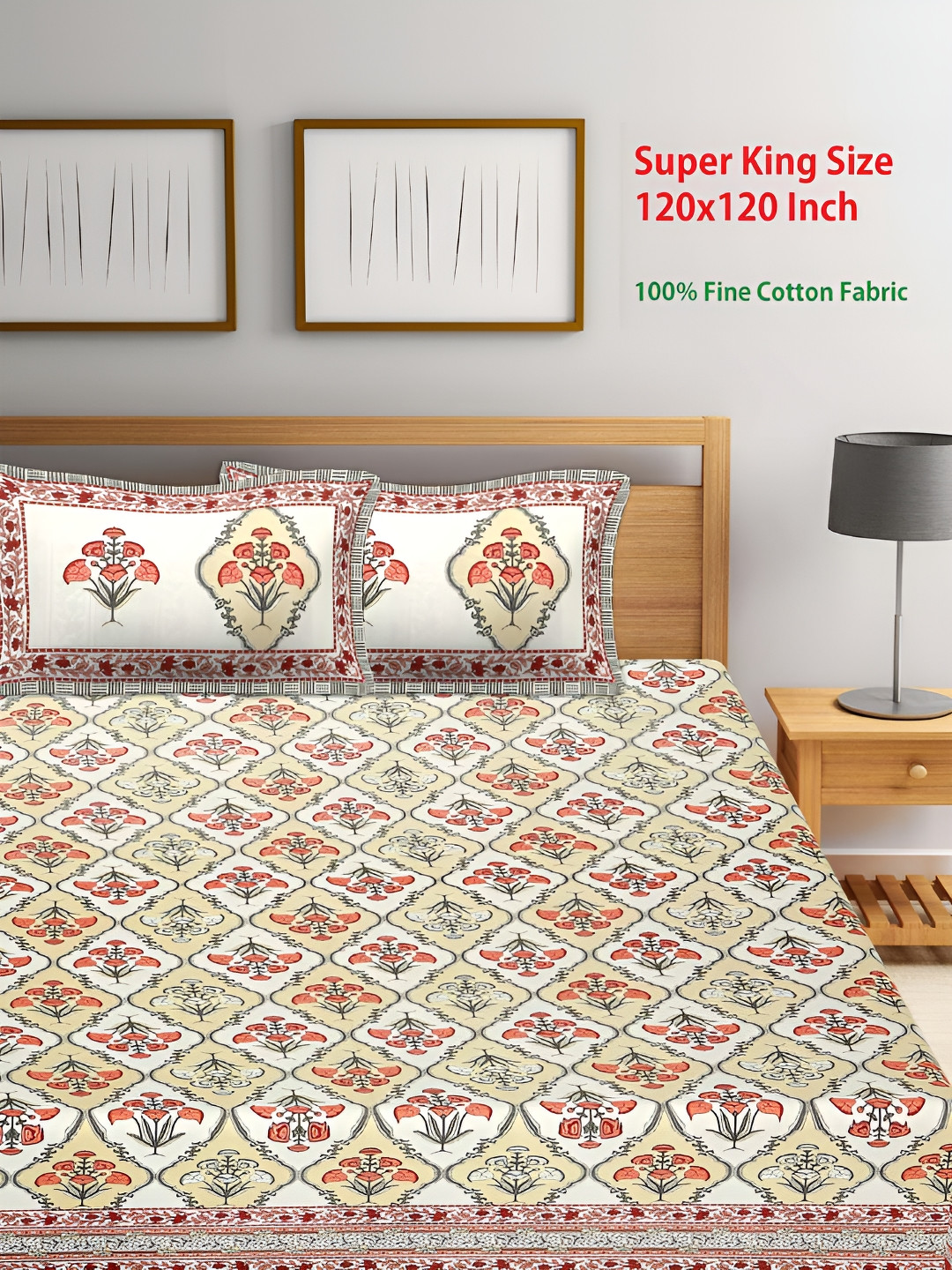 

VANI E Orange & White Floral Printed 200 TC Cotton King Bedsheet with 2 Pillow Covers