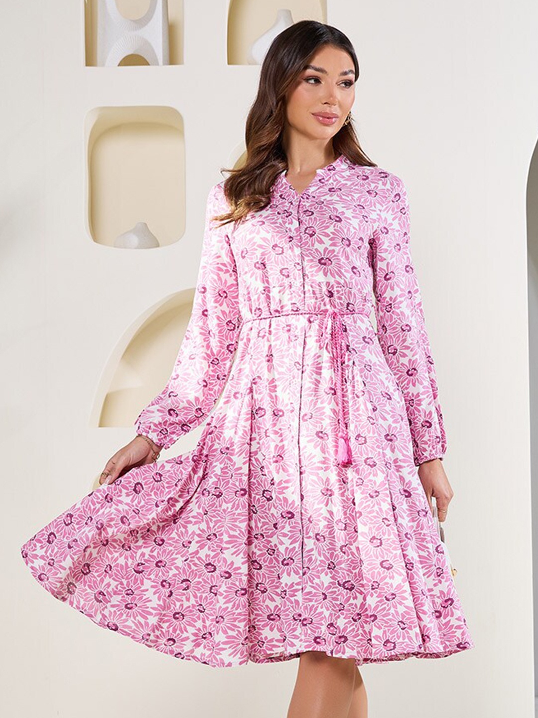 

Styli Floral Printed Mandarin Collar Flared Fit & Flare Dress, Pink